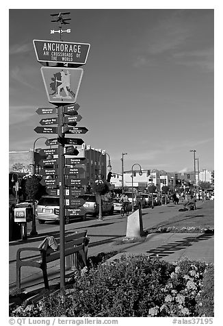 Downtown center with Air Crossroads of the World sign. Anchorage, Alaska, USA