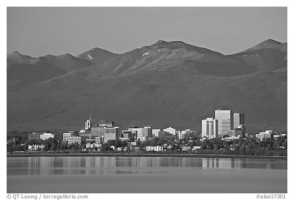 Skyline at sunset. Anchorage, Alaska, USA (black and white)