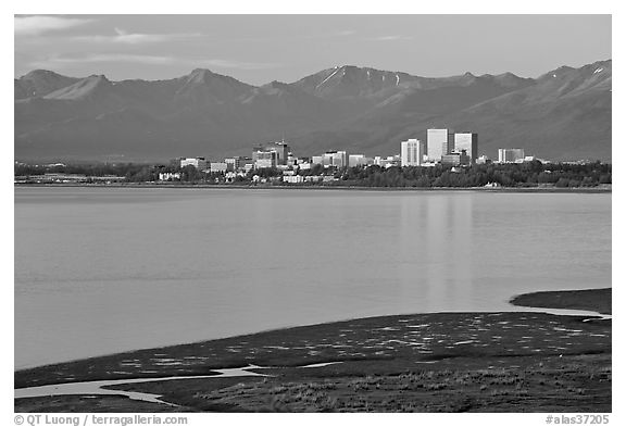 Knik Arm and city skyline. Anchorage, Alaska, USA (black and white)