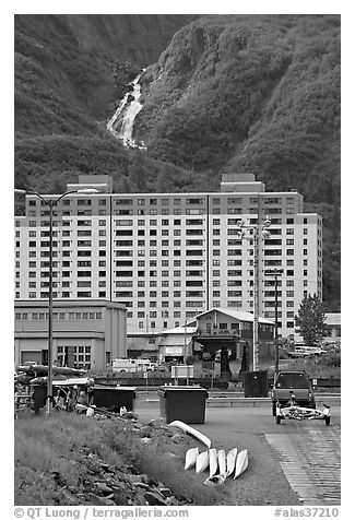Boat ramp, Begich towers and Horsetail falls. Whittier, Alaska, USA (black and white)