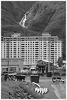 Boat ramp, Begich towers and Horsetail falls. Whittier, Alaska, USA (black and white)