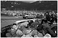 Group gear for a sea kayaking trip. Whittier, Alaska, USA (black and white)