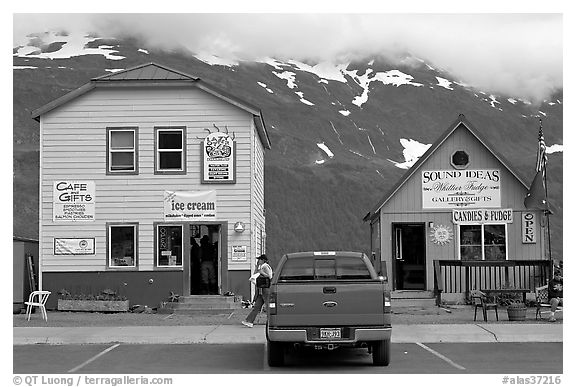 Cabins on the waterfront and red truck. Whittier, Alaska, USA
