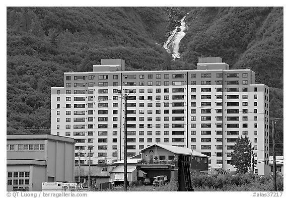 Begich towers and Horsetail falls. Whittier, Alaska, USA