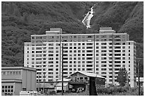 Begich towers and Horsetail falls. Whittier, Alaska, USA ( black and white)