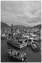 Fishing boats in harbor. Whittier, Alaska, USA (black and white)