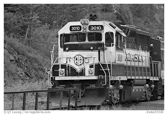 Alaska train locomotive. Whittier, Alaska, USA (black and white)