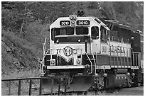 Alaska train locomotive. Whittier, Alaska, USA (black and white)