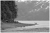Women fishing and dog, at the edge of Passage Canal Fjord. Whittier, Alaska, USA ( black and white)