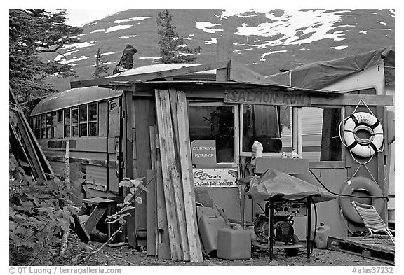 School bus reconverted for housing. Whittier, Alaska, USA (black and white)
