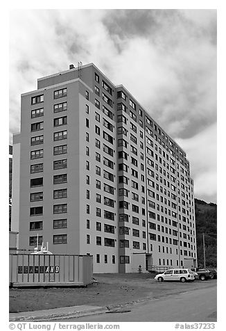 Begich towers, home to half of Whittier population. Whittier, Alaska, USA