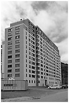 Begich towers, home to half of Whittier population. Whittier, Alaska, USA (black and white)