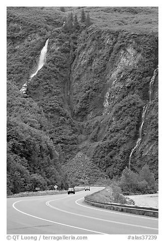 Richardson Highway and waterfalls, Keystone Canyon. Alaska, USA (black and white)