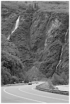 Richardson Highway and waterfalls, Keystone Canyon. Alaska, USA ( black and white)