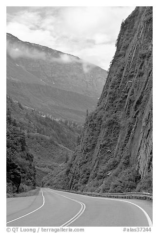 Richardson Highway passing between steep walls, Keystone Canyon. Alaska, USA (black and white)
