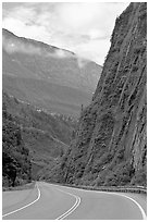 Richardson Highway passing between steep walls, Keystone Canyon. Alaska, USA (black and white)