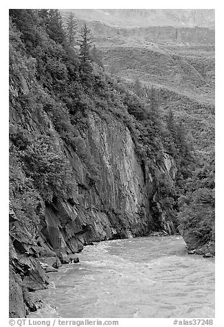 River and rock walls, Keystone Canyon. Alaska, USA (black and white)
