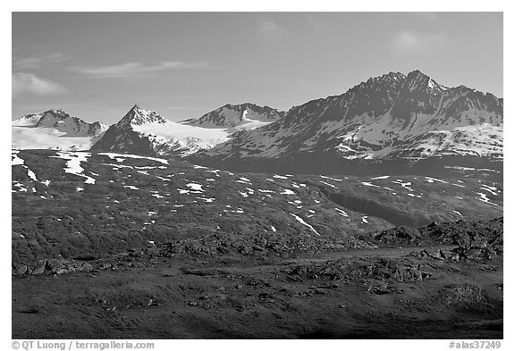 Jagged peaks above Thompson Pass. Alaska, USA (black and white)