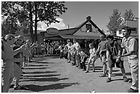 Egg throwing contest. McCarthy, Alaska, USA (black and white)