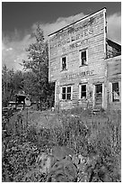 Weathered facade of old hardware store. McCarthy, Alaska, USA ( black and white)