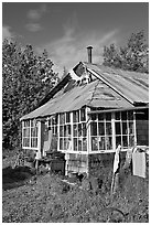 House with antlers and american flag. McCarthy, Alaska, USA (black and white)