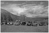 Row of classic cars lined up in meadow. McCarthy, Alaska, USA (black and white)