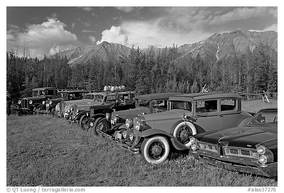 Vintage cars lined up in meadow. McCarthy, Alaska, USA (black and white)