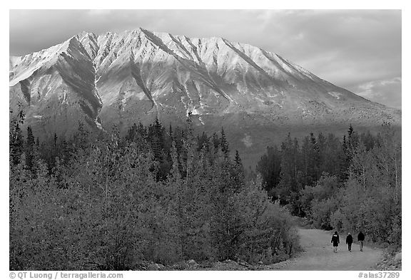 People strolling on unpaved road at sunset. McCarthy, Alaska, USA (black and white)