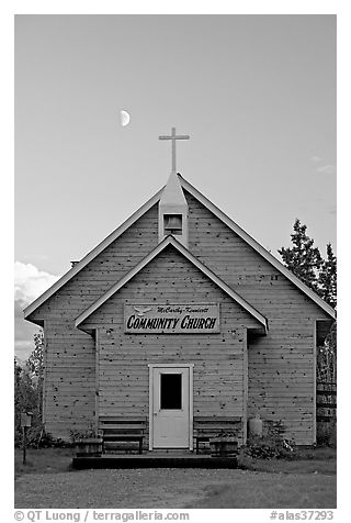 Community church and moon. McCarthy, Alaska, USA (black and white)