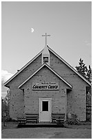 Community church and moon. McCarthy, Alaska, USA (black and white)