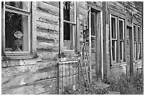 Detail of old wooden building. McCarthy, Alaska, USA (black and white)