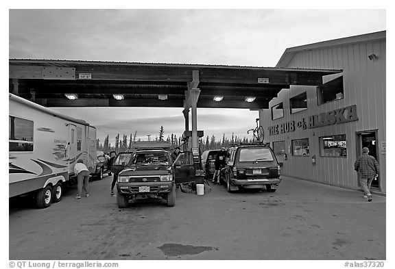 Cars and Rv at gas station The Hub of Alaska, Glennalen. Alaska, USA (black and white)