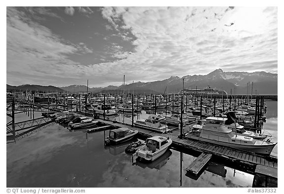 Small boat harbor, morning. Seward, Alaska, USA (black and white)