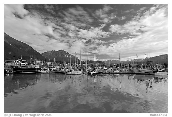 Harbor and reflections. Seward, Alaska, USA (black and white)