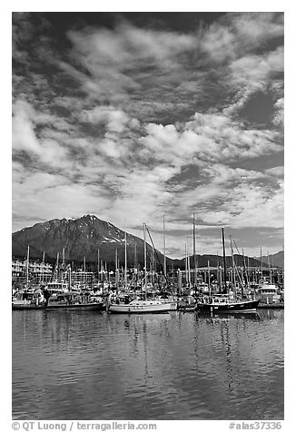 Harbor, mountains and cloud reflections. Seward, Alaska, USA (black and white)