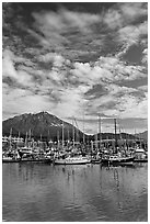Harbor, mountains and cloud reflections. Seward, Alaska, USA (black and white)