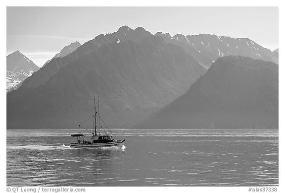 Fishing boat in Resurection Bay. Seward, Alaska, USA (black and white)