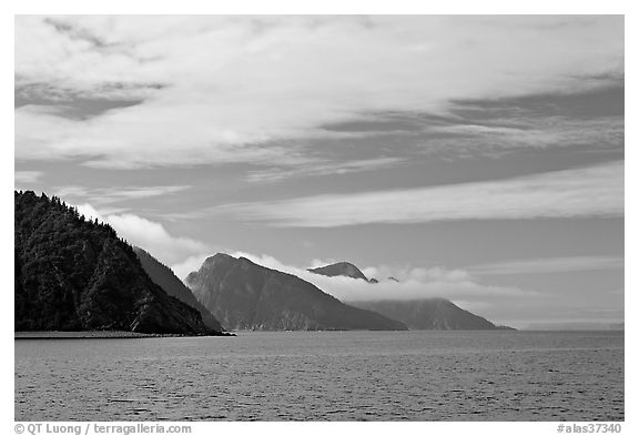 Mountains with low clouds outside Resurrection Bay. Seward, Alaska, USA