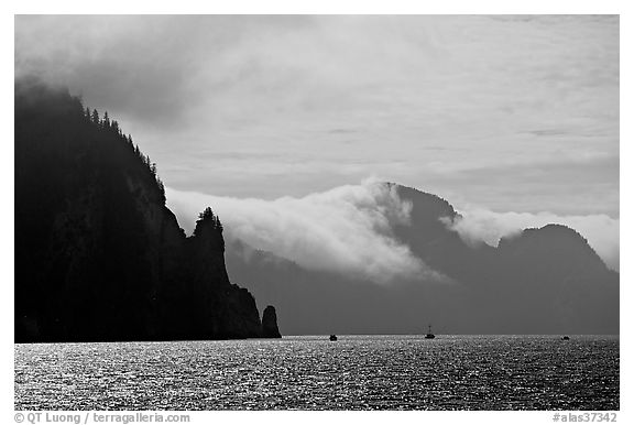 Glistening water, fog, and boats, Resurrection Bay. Seward, Alaska, USA