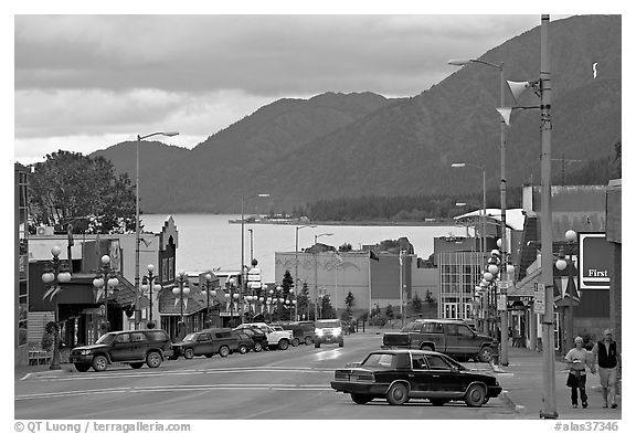 Main street and Resurrection Bay, evening. Seward, Alaska, USA