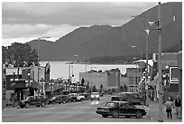 Main street and Resurrection Bay, evening. Seward, Alaska, USA ( black and white)