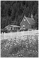 White flowers,  picket fence, red church, and forest. Seward, Alaska, USA (black and white)