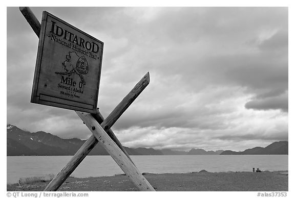 Historic Itadarod sign and Resurrection Bay. Seward, Alaska, USA