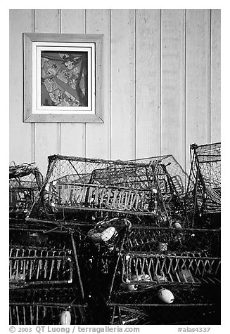 Fishing baskets and wall. Kotzebue, North Western Alaska, USA (black and white)