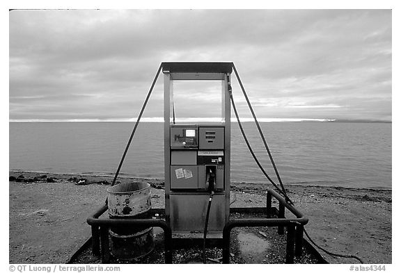 Gas pump on the beach, looking towards the Bering sea. Kotzebue, North Western Alaska, USA (black and white)