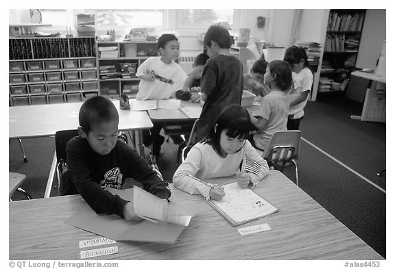 Inupiaq Eskimo kids in the classroom. Note names on table. Kiana. North Western Alaska, USA