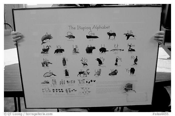Poster describing the Inupiaq alphabet, Kiana. North Western Alaska, USA (black and white)