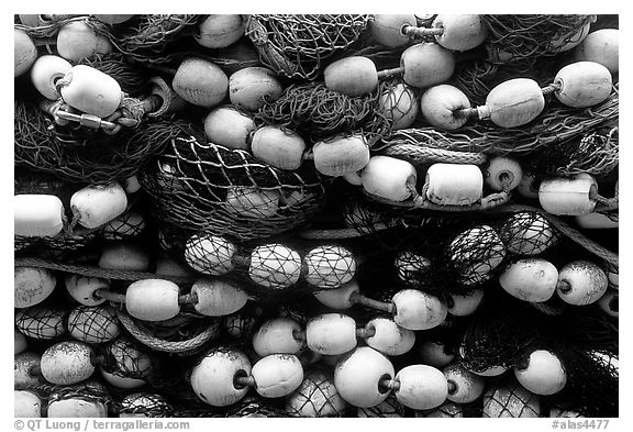 Buoys and fishing nets. Seward, Alaska, USA (black and white)