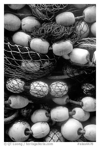 Buoys and fishing nets. Seward, Alaska, USA (black and white)