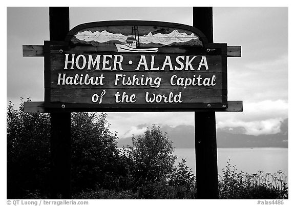 Welcome sign to Homer, Halibut fishing capital of the world. Homer, Alaska, USA (black and white)